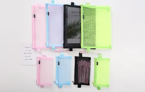 Collection of translucent mesh pencil cases and A4 file bags in vibrant assorted colors.