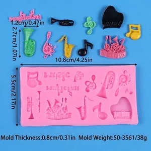 Detail view of pink silicone music instruments and notes mold with dimensions