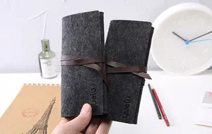 Vista dettagliata dell'astuccio in feltro grigio con un cinturino in pelle marrone