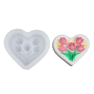 Heart-shaped tulip bouquet silicone mold showing tool and finished soap sample