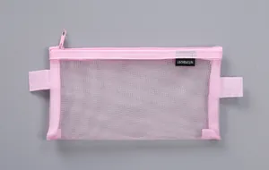 Front view of a pink semi-transparent mesh pencil case with zipper and side tabs