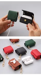Detailed view of leather AirPods cases in multiple colors with metal chains
