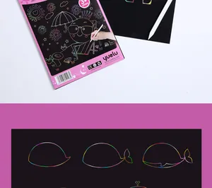 Detailed step-by-step tutorial showing a whale drawing on rainbow scratch art paper