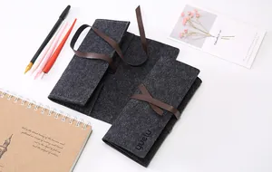 Dettaglio astuccio in feltro grigio con chiusura a rotolo e cinturini in similpelle marrone