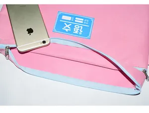 Detail of pink Oxford cloth file bag showing double zippers and blue subject label.