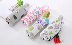 Set of cartoon canvas pencil cases featuring avocado, polar bear, and cactus designs