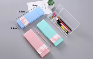 Close-up of candy-colored PP plastic pencil boxes with dimensions 16.5 x 6.9 x 4 cm