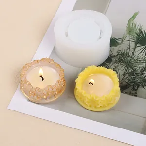 Close-up detail of a circular peach blossom wreath silicone mold for candle holders