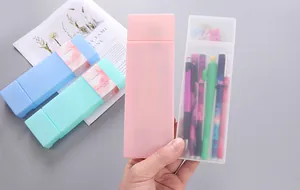 Detail view of minimalist colorful PP plastic pencil cases in vibrant candy shades and matte finish