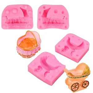 Detailed pink silicone molds for baby stroller and cradle fondant cake decorating tools