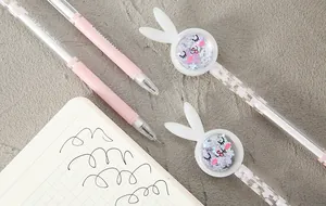 Close-up detail of a pink rabbit gel pen featuring a sparkling shaker head and white ears