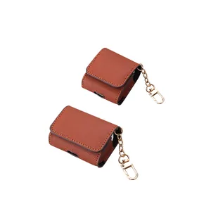 Premium brown Saffiano leather protective case for AirPods with gold keychain