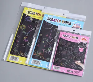 Details of three sizes of colorful DIY scratch paper art kits for kids