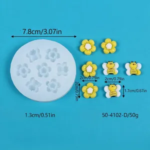 Vista detallada de molde silicona abeja y flor con dimensiones para manualidades