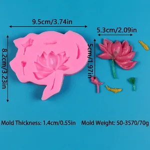 Detailed dimensions of pink lotus and koi fish silicone mold for cake decorating