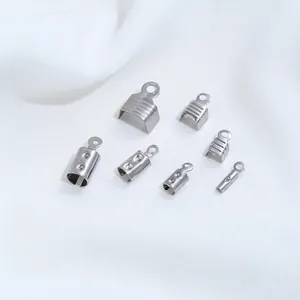 Detail showing various sizes of stainless steel cord end caps for jewelry making.
