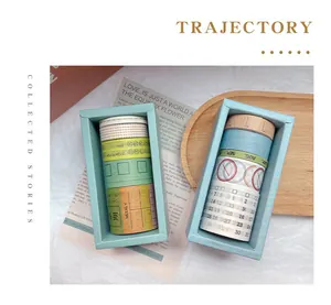 Detailed macro view of the Trajectory vintage washi tape collection in light blue boxes