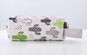 Detailed side view of a canvas pencil case featuring green and black cactus prints