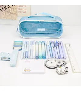 Large capacity transparent blue pencil case shown with aesthetic stationery items