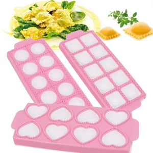 Pink ravioli maker mold set with round, square, and heart shapes for DIY pasta making