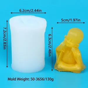 Detailed dimensions of the smiling monk silicone mold and its finished candle product