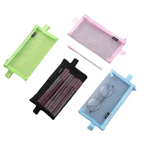 Set of four semi-transparent mesh pencil pouches in green, pink, black, and blue