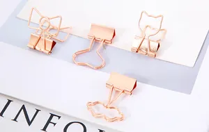 Detailansicht von roségoldenen Binder-Clips in kreativen Schleifen-, Katzen- und Herzformen.
