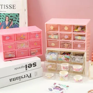 Organisateur de bureau empilable en PET à 9 tiroirs pour papeterie et maquillage rose