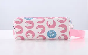 Durable canvas stationery pencil case featuring cute cartoon polar bear pattern with pink strap