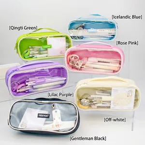 Large capacity canvas pencil case with a transparent window in multiple vibrant colors