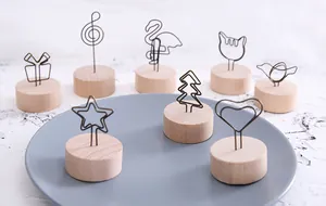 Assorted Zakka style wooden photo clips with creative metal wire holders for home office