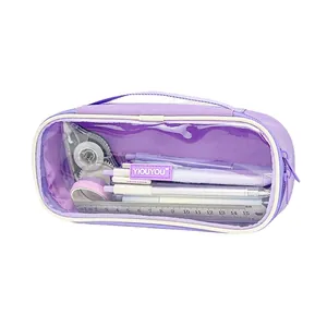 Large capacity purple transparent canvas pencil case with handle for stationery storage.