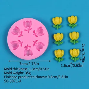 Detailed size measurements of pink tulip flower silicone mold with yellow resin samples