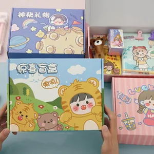 Colorful cartoon stationery blind boxes featuring cute tiger and girl illustrations