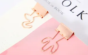 Detailansicht von zwei kreativen roségoldenen Metall-Binderklammern auf rosa und weißem Papier