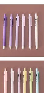 Close-up detail of Morandi color retractable gel pens in various pastel shades with clips.