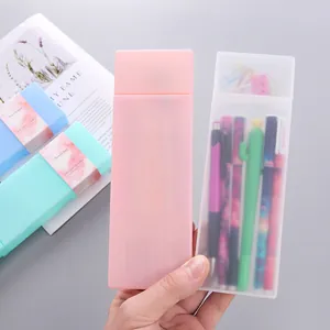 Minimalist solid candy color PP plastic pencil box for student stationery storage.