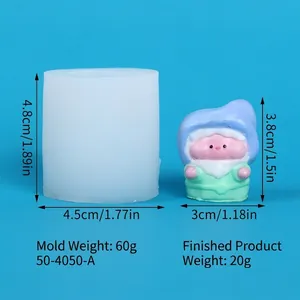 Detailed view of silicone gnome mold and finished candle with dimensions and weight info