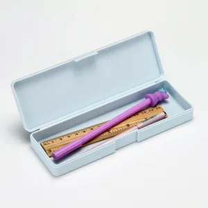 Simple light blue plastic pencil box stationery organizer for students with open lid