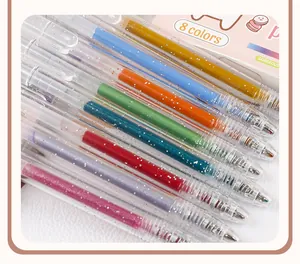 Nahaufnahme von 8 Glitzer-Gelschreiber mit schimmernder Tinte und transparentem Gehäuse