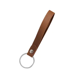 Minimalist brown faux leather loop keychain with polished silver metal ring