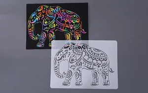 Detailed mandala elephant painting stencil and colorful rainbow scratch art display