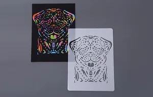 Close-up of a pug dog drawing stencil and a colorful scratch art finished result.