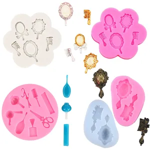 DIY Hairdressing Tools Silicone Mold Scissors Comb Mirror Shape Fondant Cake Decoration Chocolate Resin Craft Mold