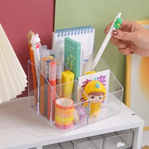 Clear PET Desk Pen Holder Organizer Stepped Compartment Stationery Storage Box For Office Student Desktop Supplies Case