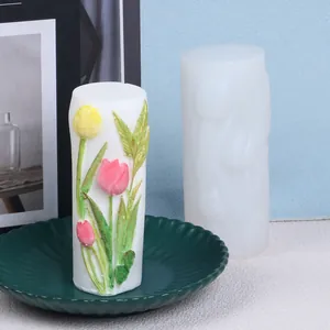 Detaillierte 3D-Prägung Tulpe Silikon-Kerzenform-Set mit fertiger floraler Wachssäule