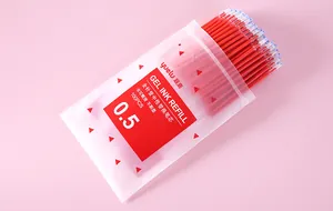 Vue détaillée d'un pack de 100 recharges d'encre gel rouge 0.5mm en emballage givré.