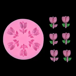 Vista detallada del molde de silicona de tulipán rosa con seis flores de resina DIY.