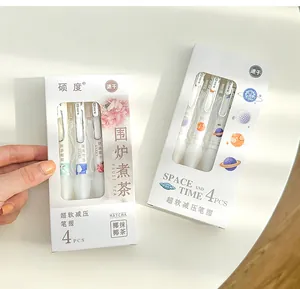 Detail view of two boxed 4-piece quick-dry gel pen sets with soft ergonomic comfort grips.