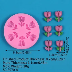 Dimensiones detalladas del molde de silicona de tulipán 3D con diámetro y tamaño de flor